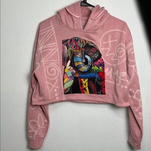 Pink Cropped Hoodie with Colorful Elephant Design